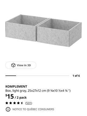 IKEA KOMPLEMENT Felt Storage Boxes, Light Gray - 2-Pack x9